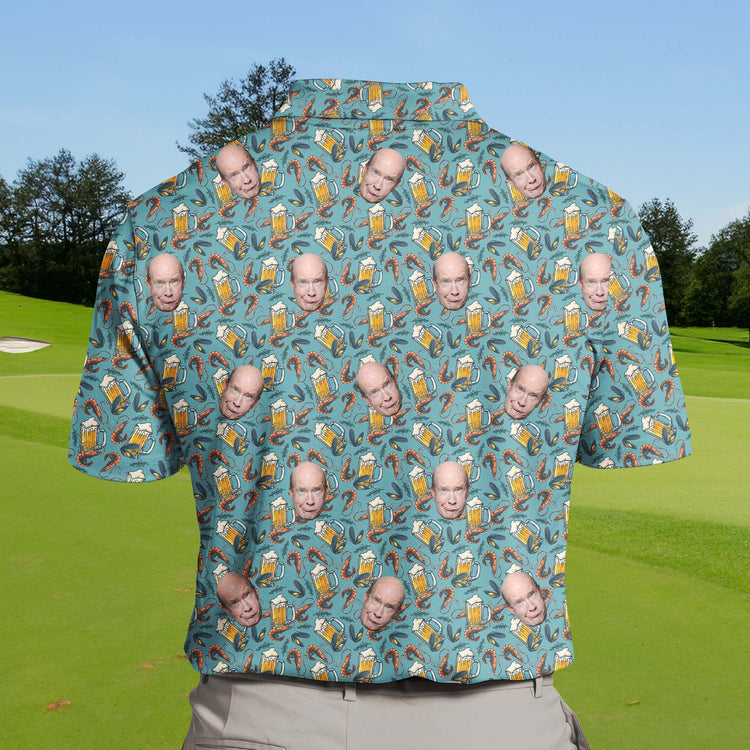 Fun funny golf shirts with faces on them, showcasing seafood and drink elements on the golf course.