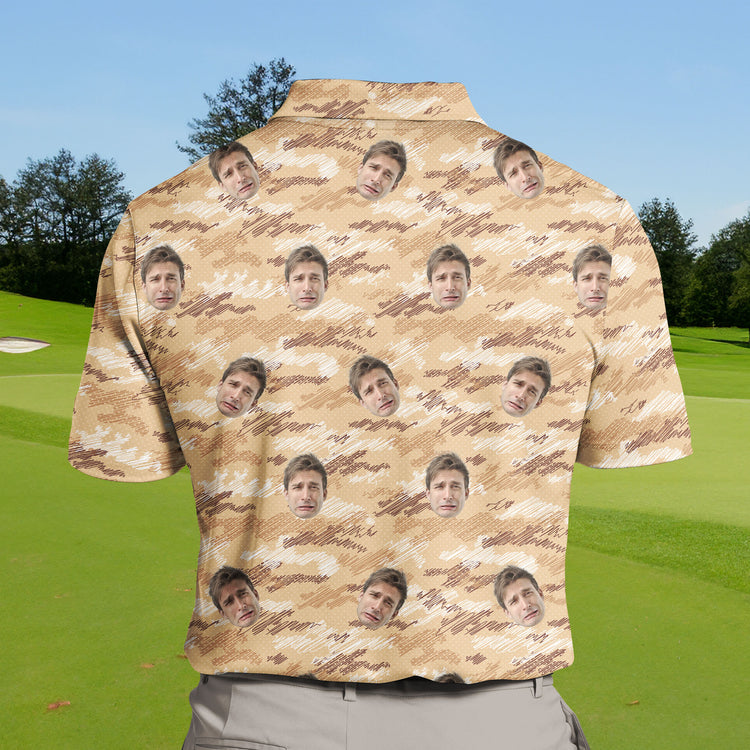 Military-themed funny golf shirts with faces on them in vibrant colors.