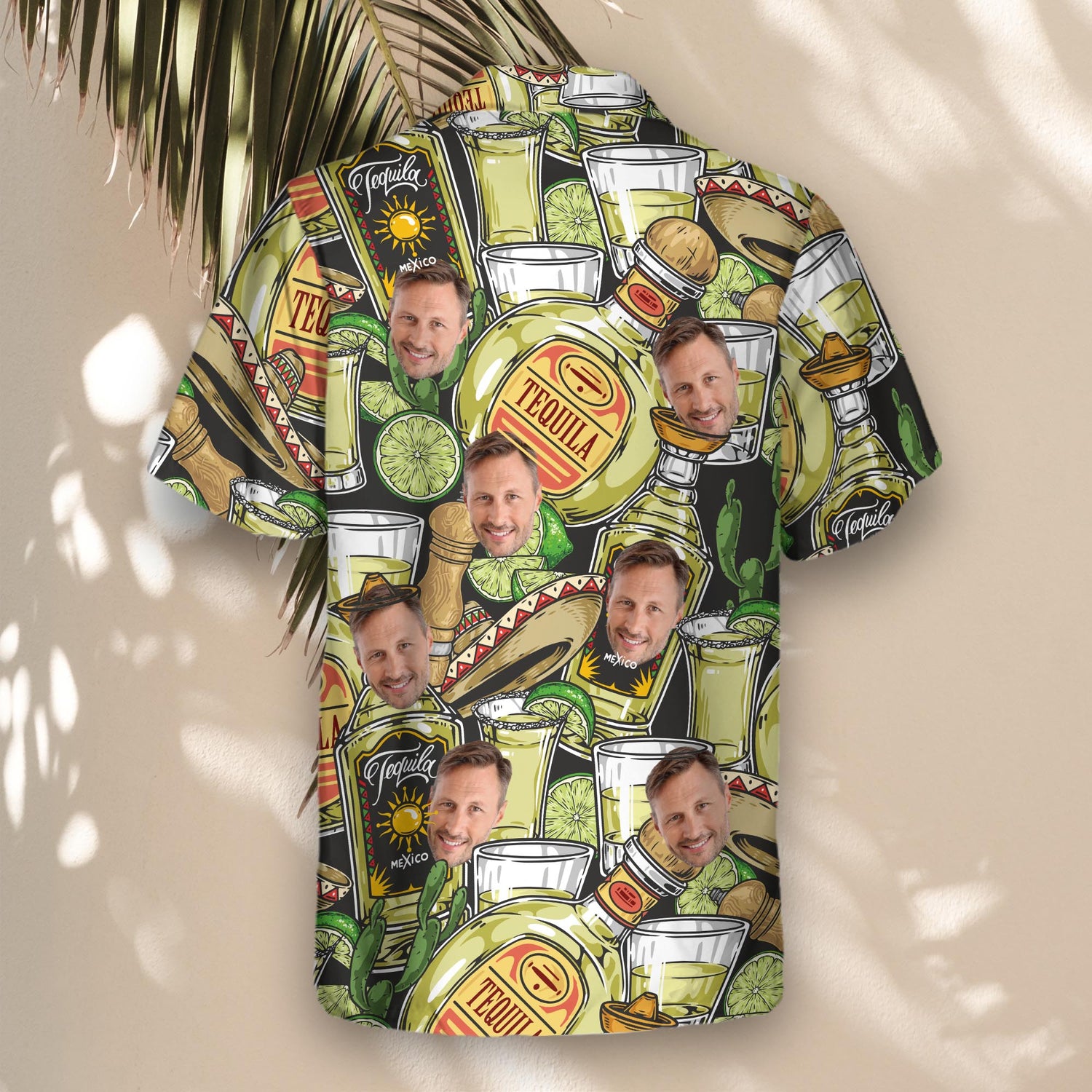 Custom Hawaiian shirts with faces on them, adorned with festive tequila bottles, sombreros, and lime slices. Perfect for tequila lovers and party celebrations.