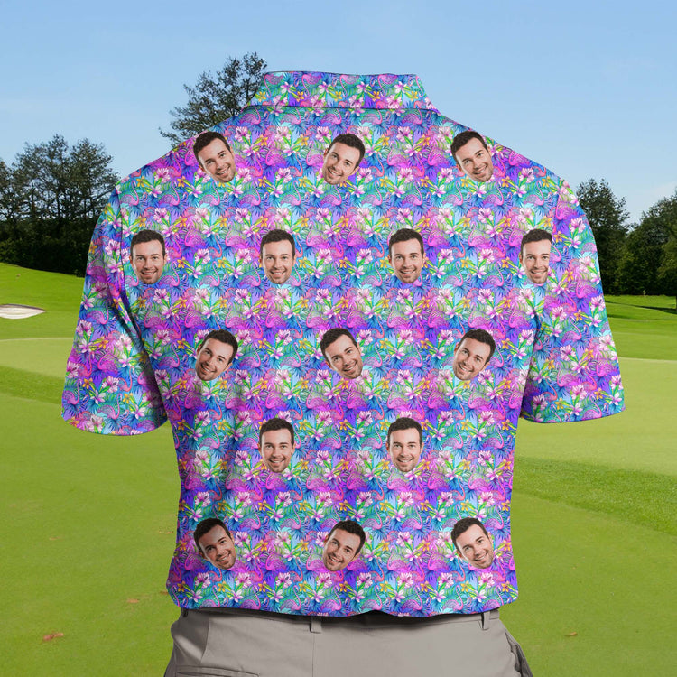 Big and tall funny golf shirts with custom floral logos.