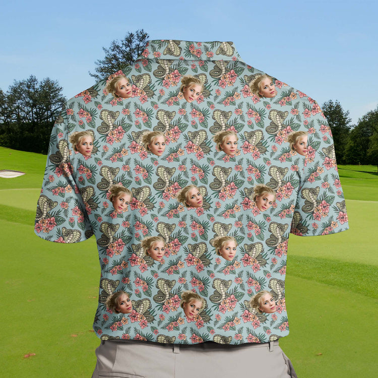Colorful funny golf shirts with faces on them for summer fun.