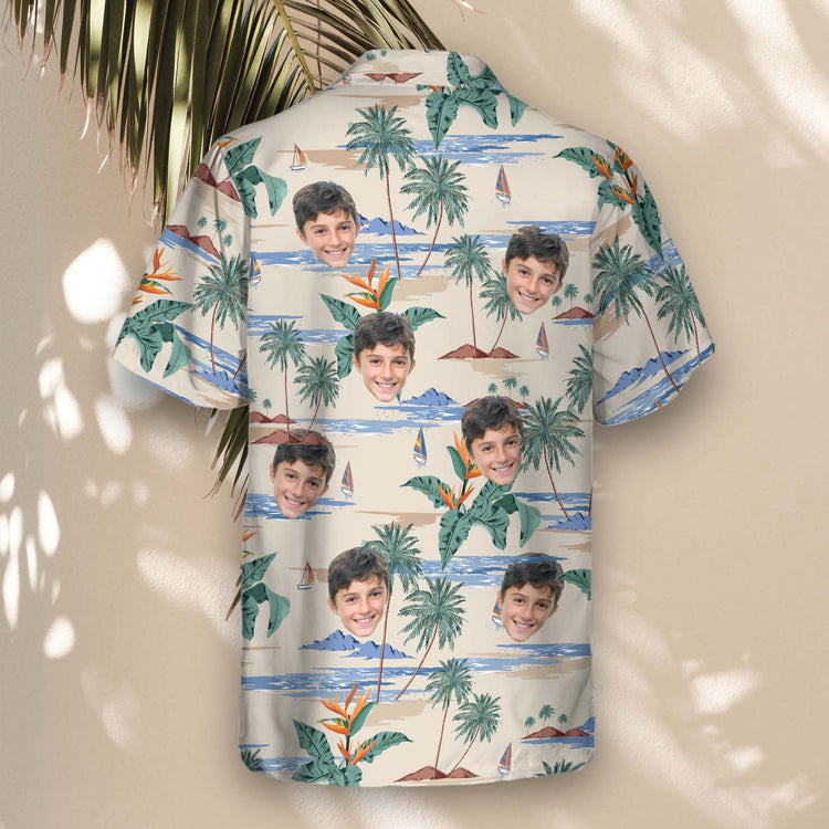 Vibrant custom Hawaiian shirts with coconuts, hibiscus flowers, and lush designs. Add faces on them for a stylish tropical vibe ready for any event.