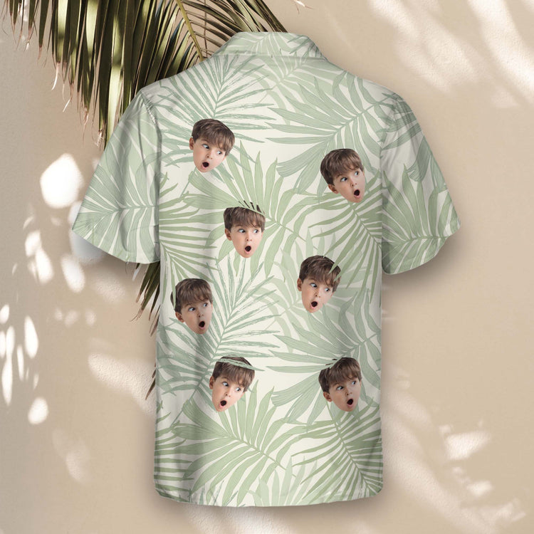 Vibrant custom Hawaiian shirts with tropical leaf designs. Add faces on them for a relaxed, nature-inspired look that's perfect for any occasion.