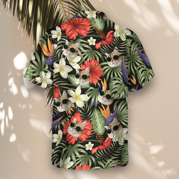 Vibrant custom Hawaiian shirts with tropical flowers like frangipani and hibiscus. Add faces on them for a nature-inspired, tropical feel.