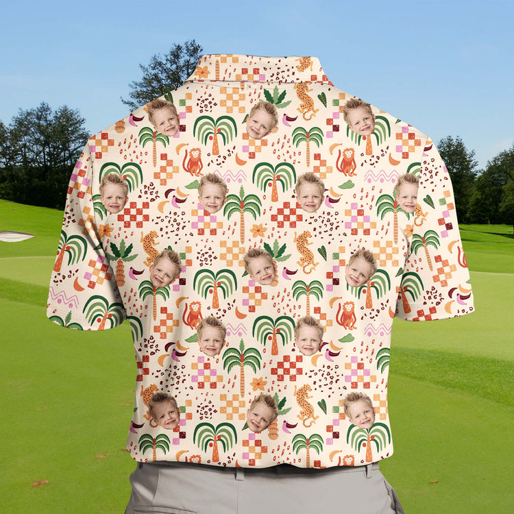 Customizable Tropical Summer Vacation shirt with funny golf shirts with faces on them, ideal for team outings and summer fun.
