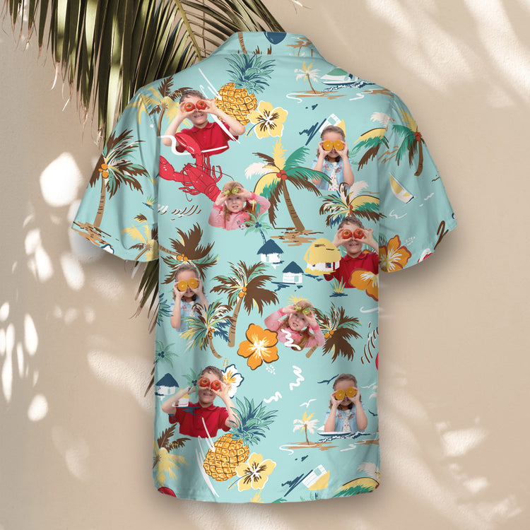 Tropical custom Hawaiian shirts with hibiscus flowers, sailboats, and pineapples on turquoise. Add faces on them for a vibrant island-style look.