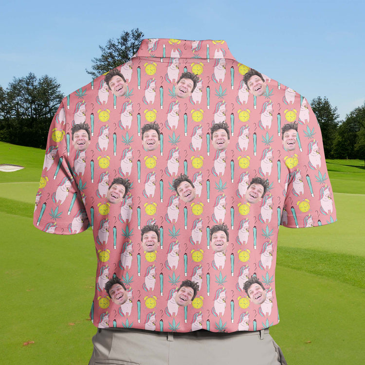 Big and tall funny golf shirts with faces on them, ideal for team events.
