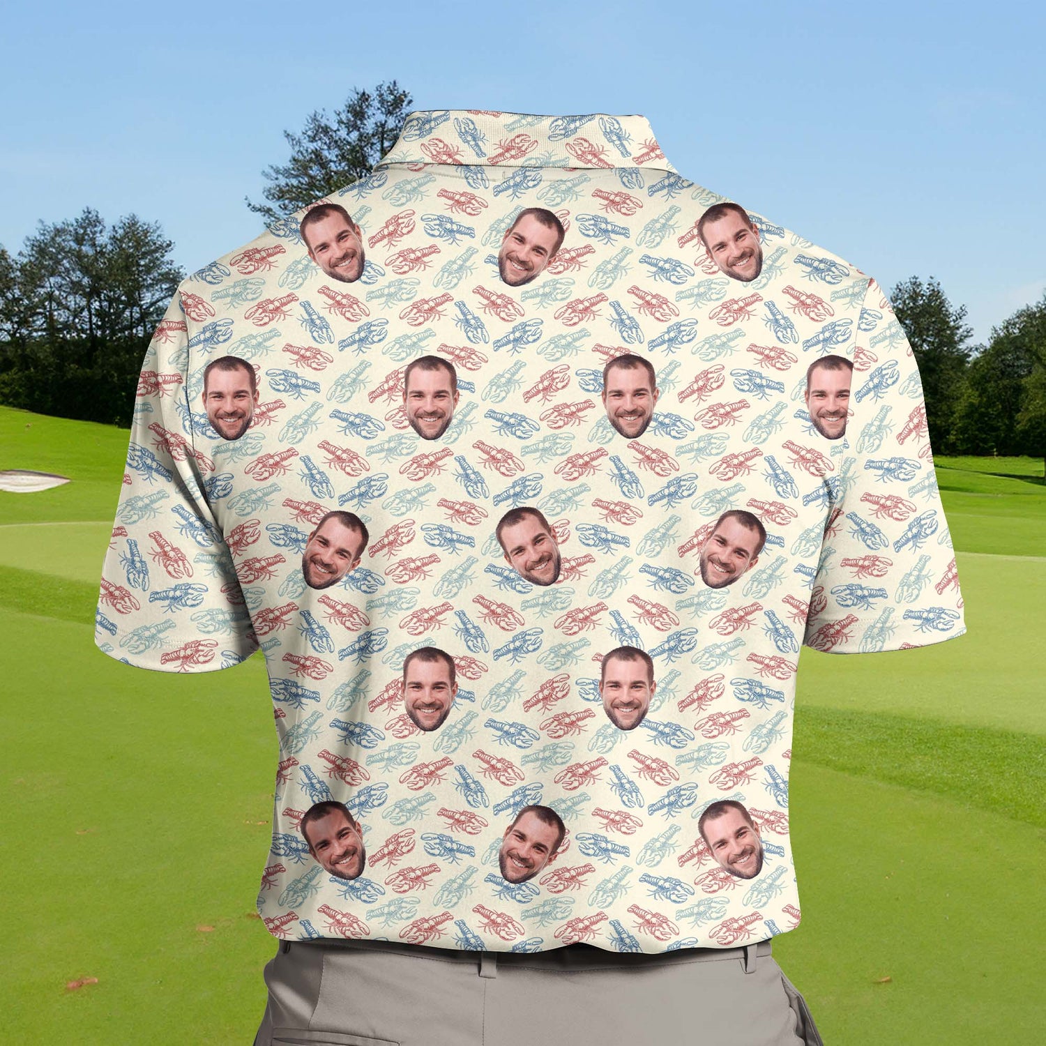 Playful funny golf shirts with faces on them showcasing seafood motifs.