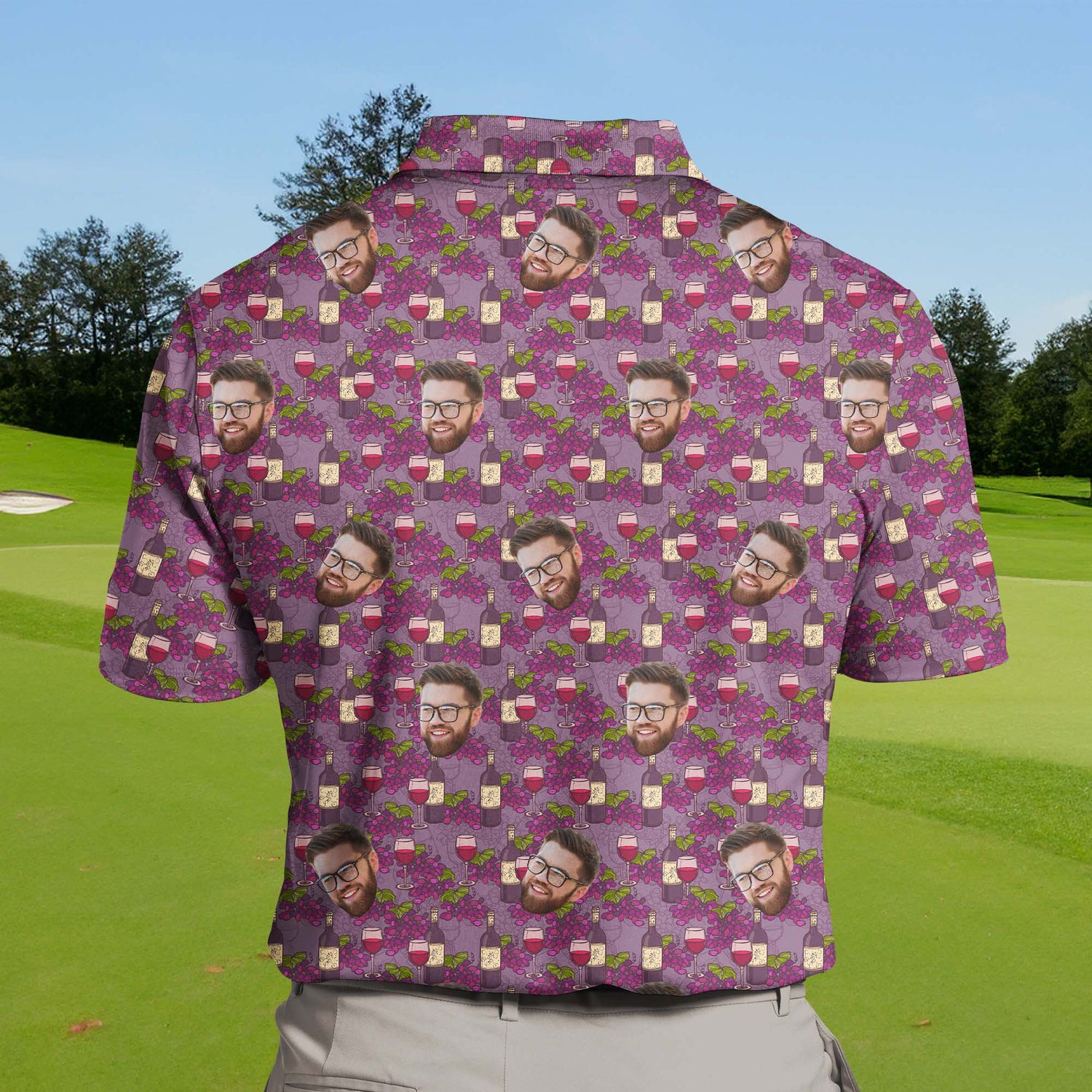 Wine-themed funny golf shirts with faces on them, perfect for golf outings.