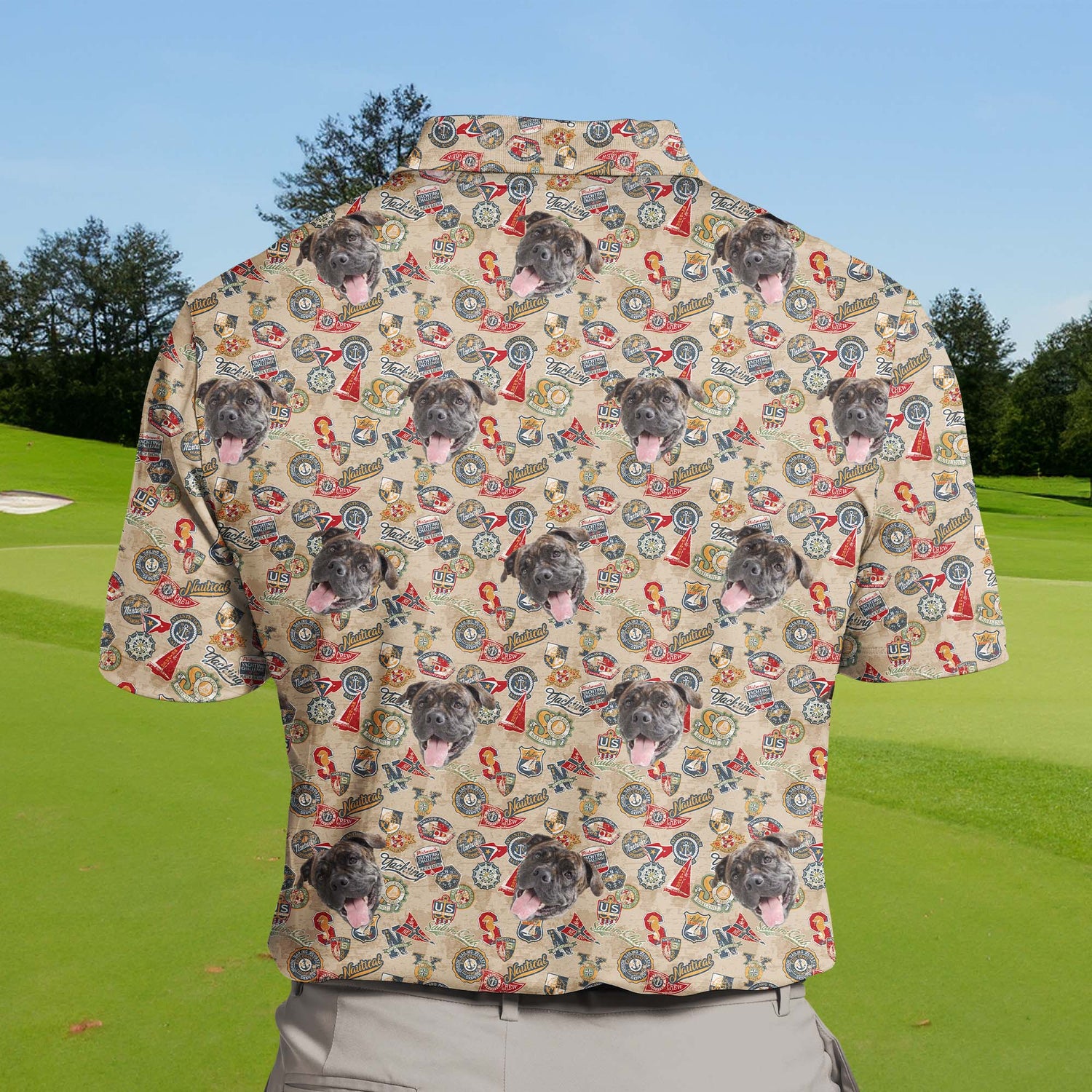 Nautical-themed funny golf shirts with faces on them and cooling fabric.