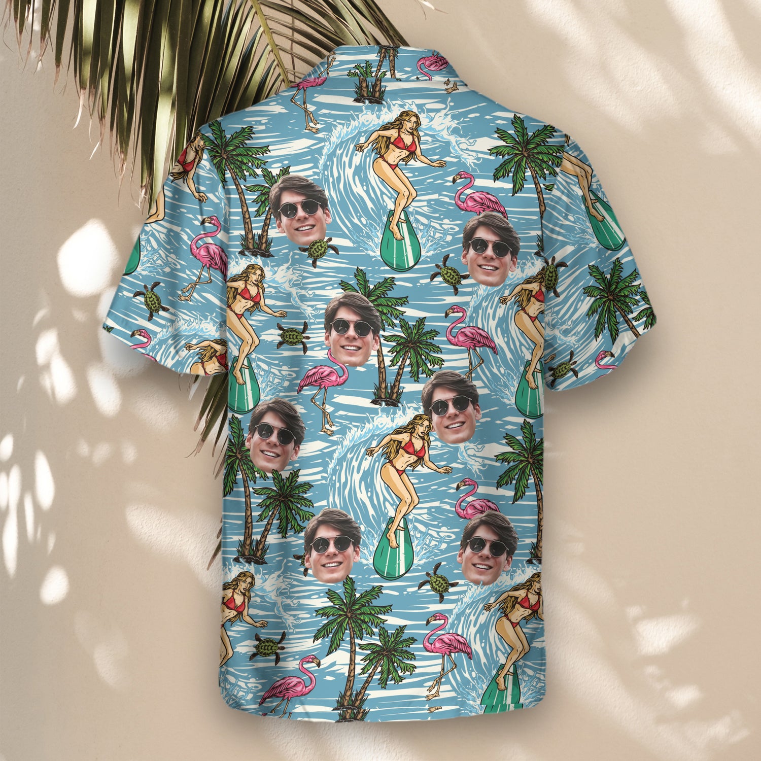 Vibrant custom Hawaiian shirts with surfboards, ocean waves, and flamingos. Personalize with faces on them for a playful, beach-ready look.