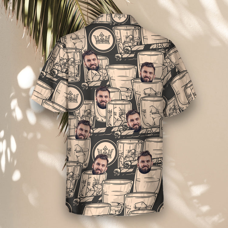 Elevate your style with custom Hawaiian shirts in black and antique ivory whiskey and cigar designs. Customize shirts with faces on them for a unique touch.