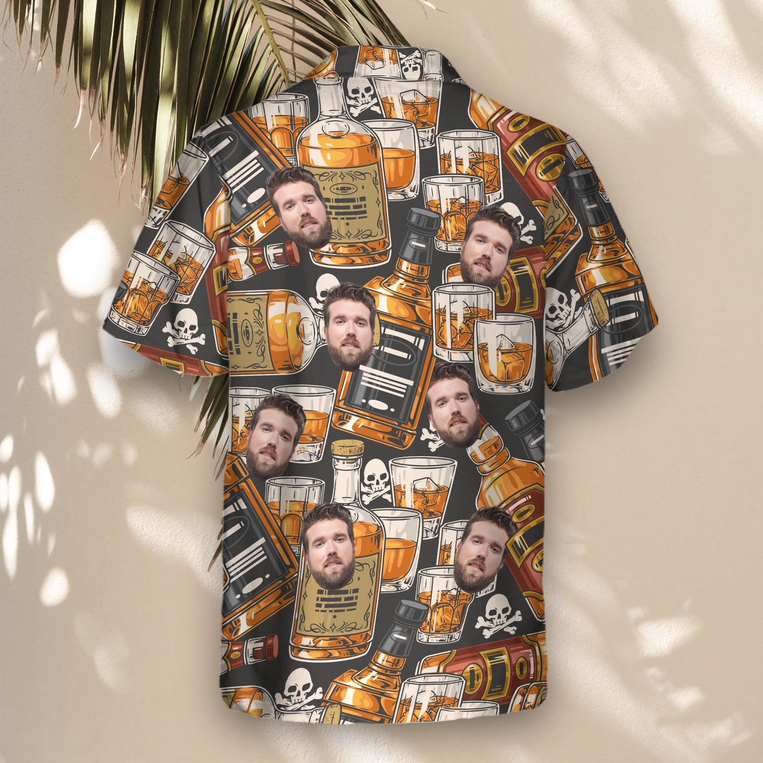 Bold custom Hawaiian shirts with whiskey and skull designs. Customize shirts with faces on them for a fun, unique look perfect for events.