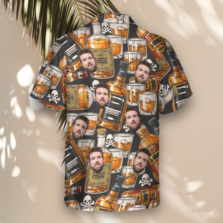 Bold custom Hawaiian shirts with whiskey and skull designs. Customize shirts with faces on them for a fun, unique look perfect for events.