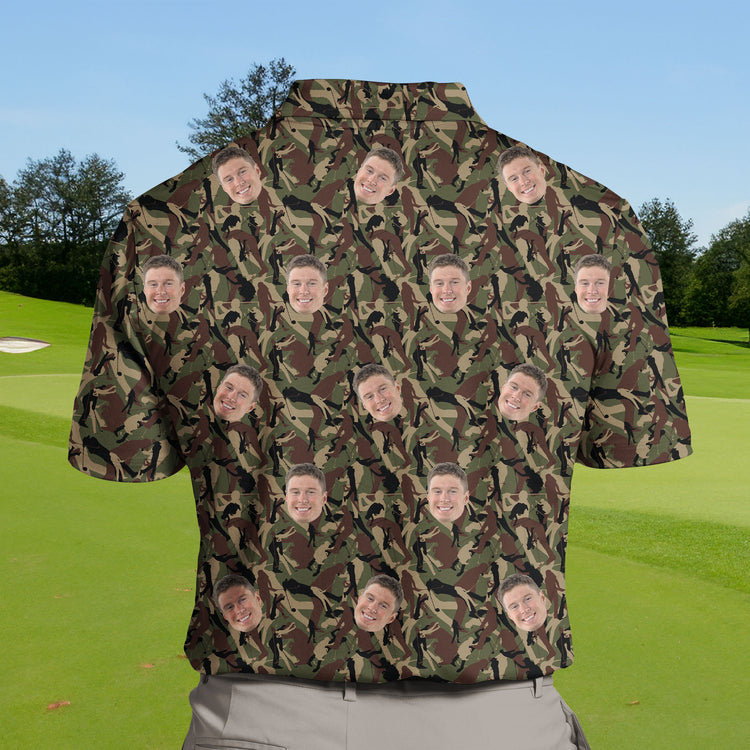 Humorous golf polos with military camo patterns.