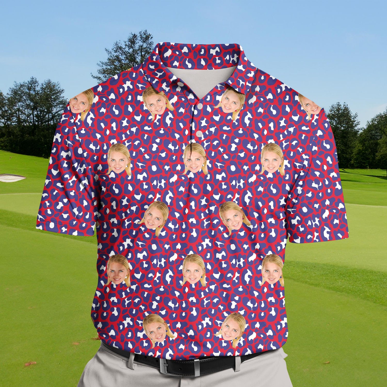 Stylish funny golf shirts with faces on them for summer parties.