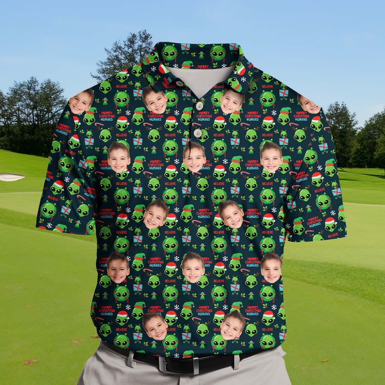 Close-up of funny golf shirts with faces on them, made from breathable cooling fabric.