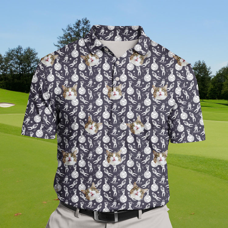 Humorous golf shirts with faces for space lovers.