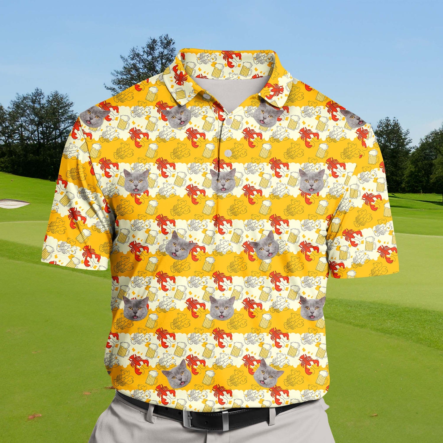 Playful Beer And Crawfish themed funny golf shirts with faces on them in vibrant colors.