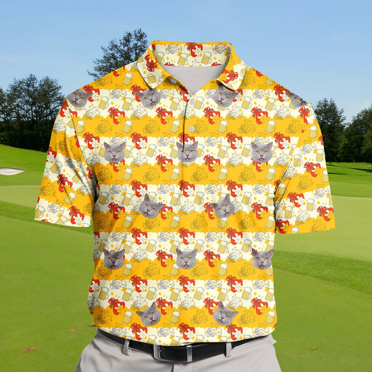 Playful Beer And Crawfish themed funny golf shirts with faces on them in vibrant colors.