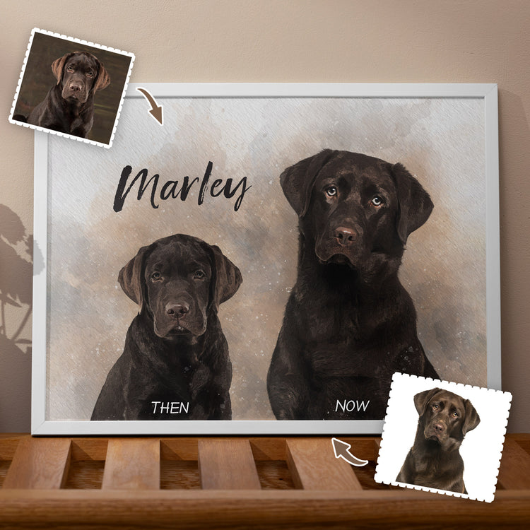 Celebrate your pet's growth with our Before-and-After Pet Portrait! Our skilled pet portrait artists turn your pictures into drawings, creating beautiful animal portraits. Perfect for custom dog portraits or cat portraits, this sentimental artwork captures every stage of their journey!