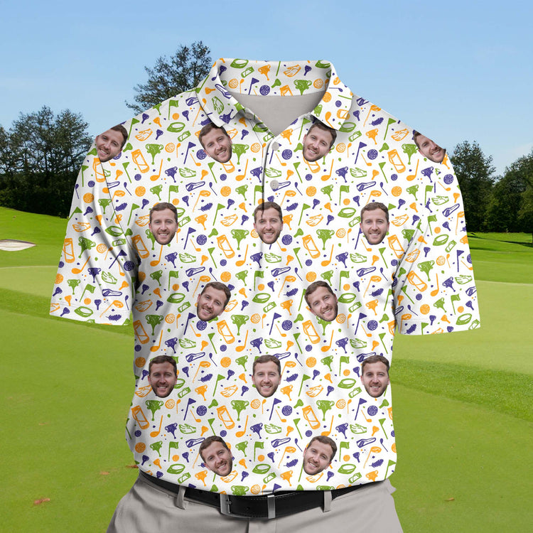 team golf polos with humorous graphics and logos.
