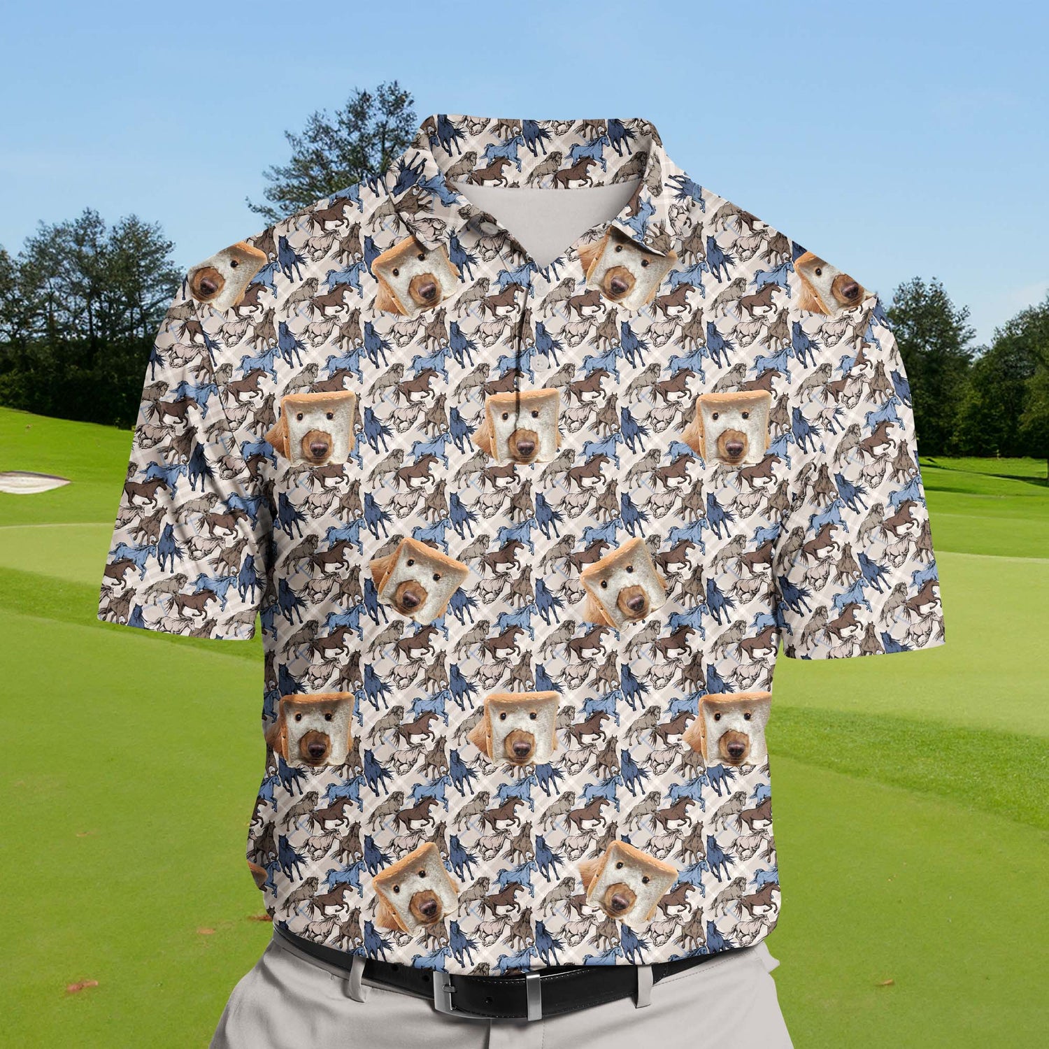 Customizable funny golf shirts with faces on them featuring colorful horse race graphics.