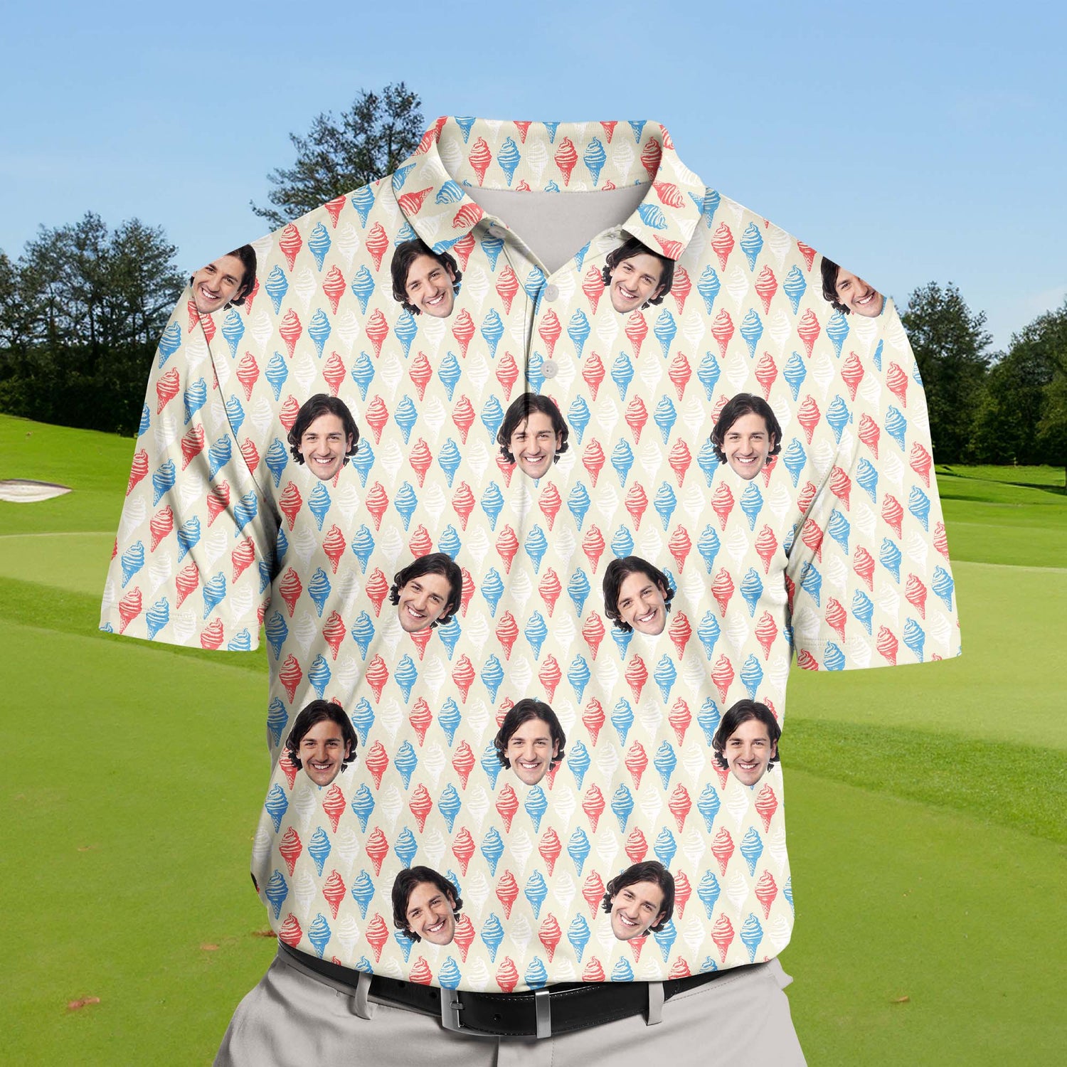 Unique funny golf shirts with faces on them, showcasing playful ice cream graphics in vibrant colors.