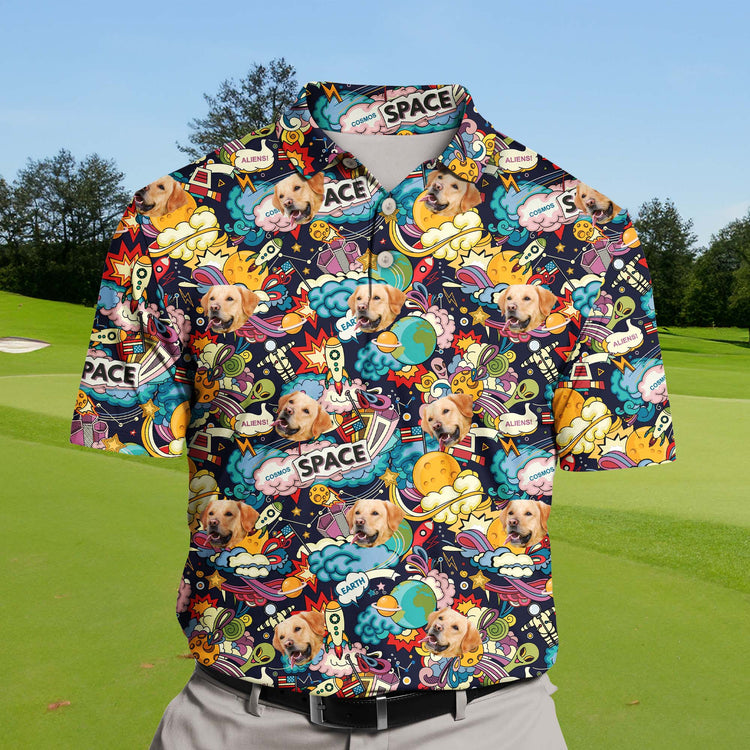 Unique funny golf shirts with faces on them, highlighting playful astronaut motifs.