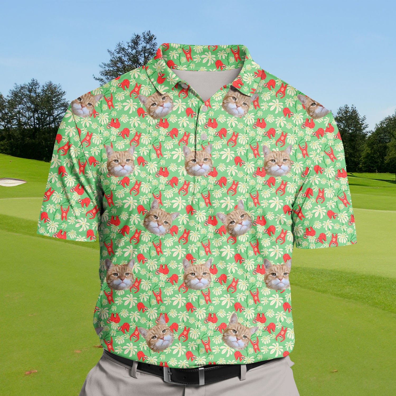 Personalized funny golf shirts featuring cute sloth faces for team golf events.