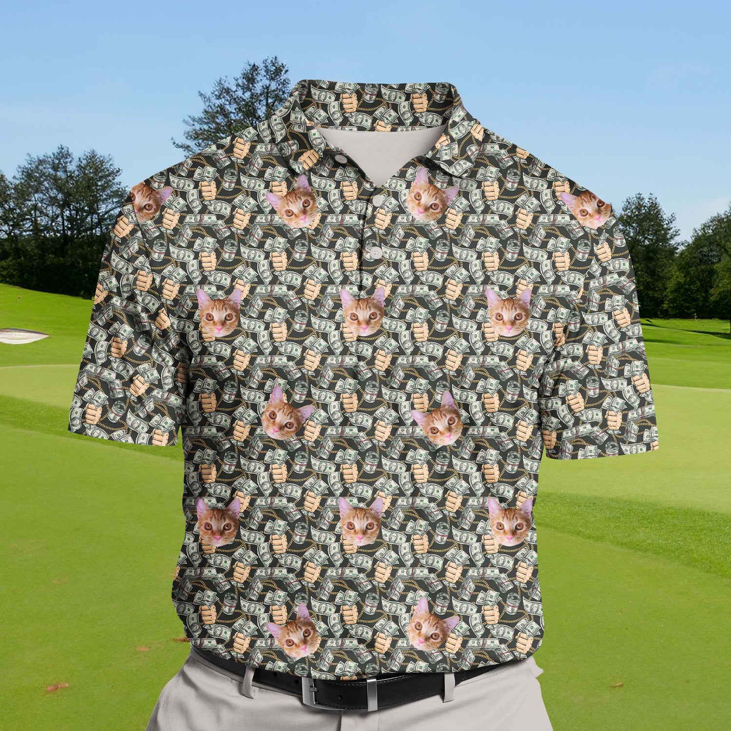 Unique dollar-themed funny golf shirts with faces, ideal for a day on the greens.