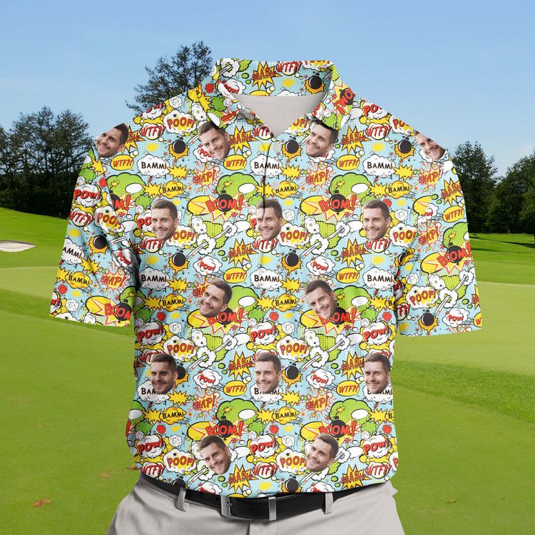 Elevate your style with Dynamic Boom's funny golf shirts with faces on them, designed for laughter and comfort.