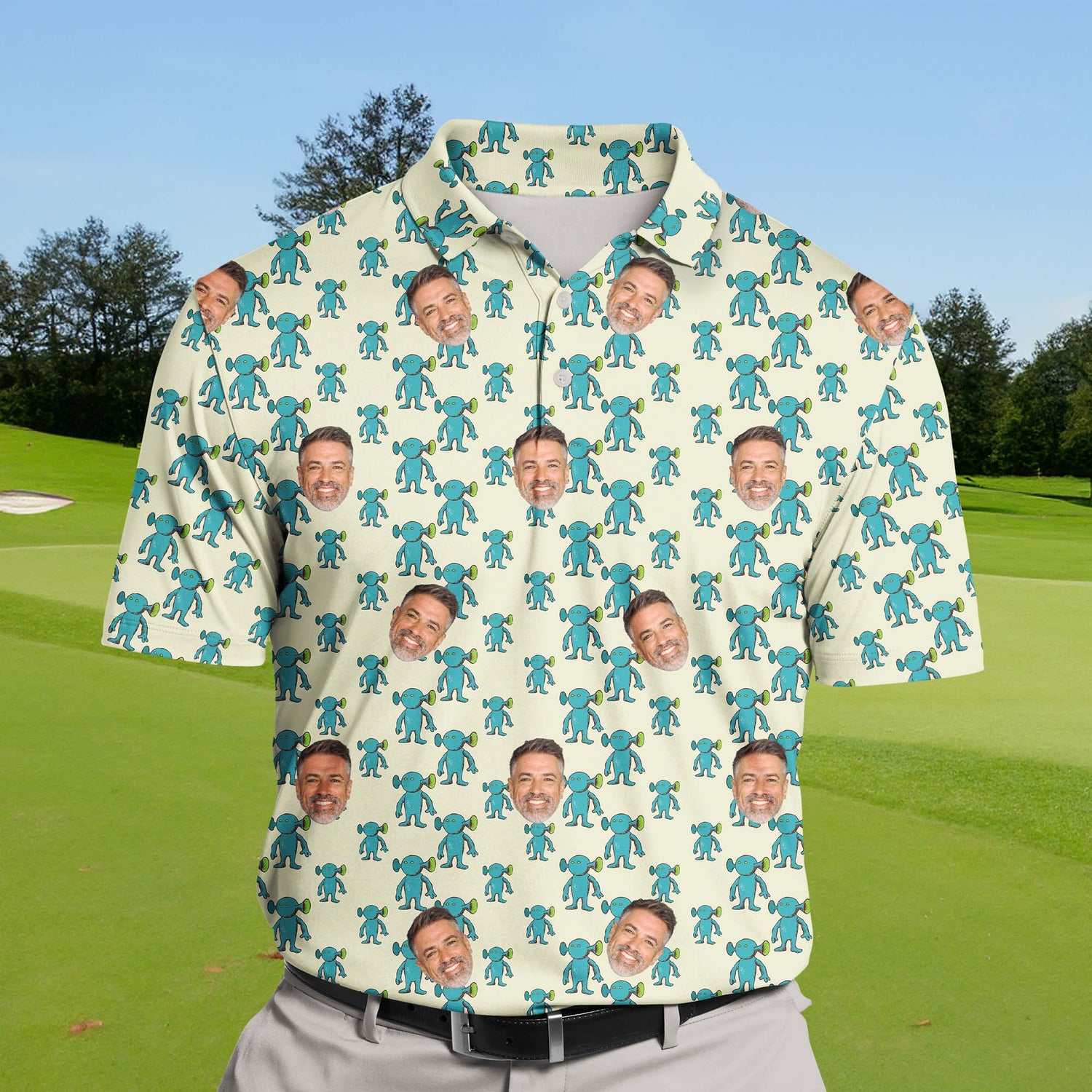Custom funny golf shirts with unique monster designs.
