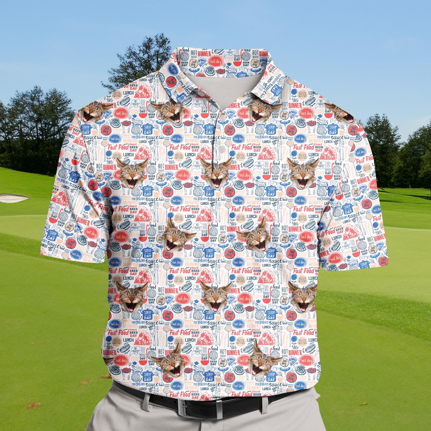 Golf polos with food-inspired designs funny golf shirts with faces on them like fries and soda.