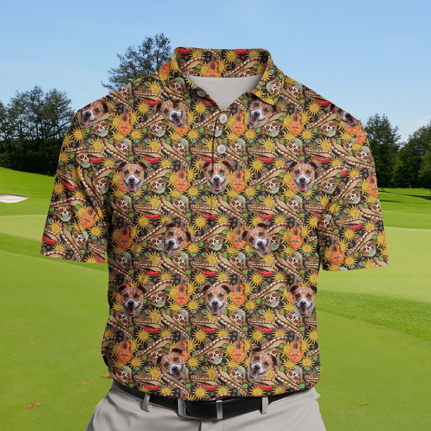 Team golf polos with playful skeleton faces, funny golf shirts with faces on them.