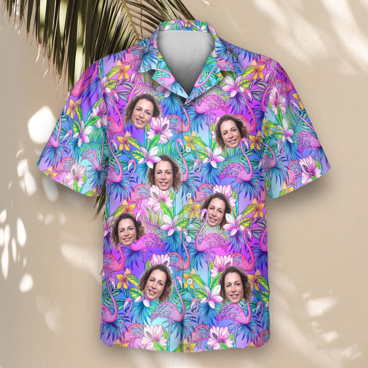 Celebrate tropical vibes in Flamingo Breeze Custom Hawaiian Shirts with Faces or Logos, featuring flamingos, hibiscus, and palm trees.