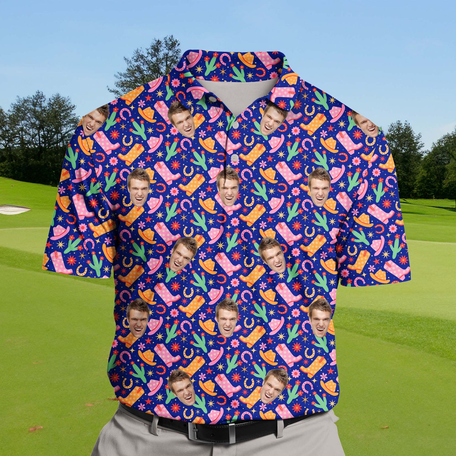 Custom funny golf shirts with faces on them, featuring playful cowgirl graphics and available in big and tall sizes.