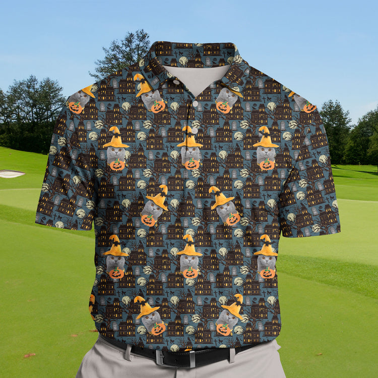 Personalized funny golf shirts with haunted house logos for team play.