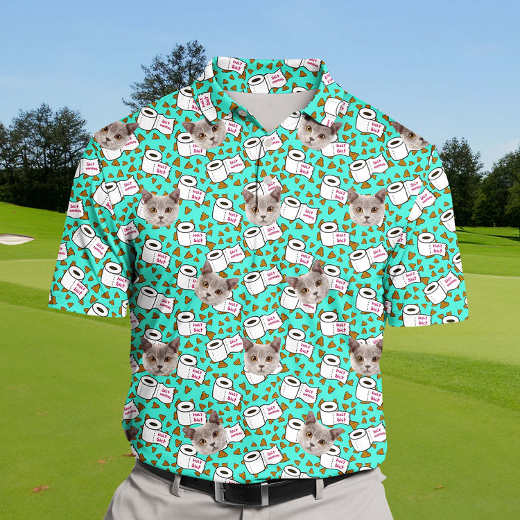 Customizable funny golf shirts with faces on them, featuring the playful slogan "Holy Shit Happens."