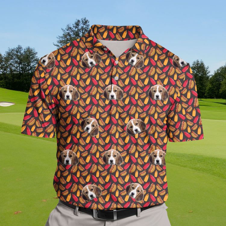 Custom funny golf shirts with faces on them, celebrating hot dog fun.
