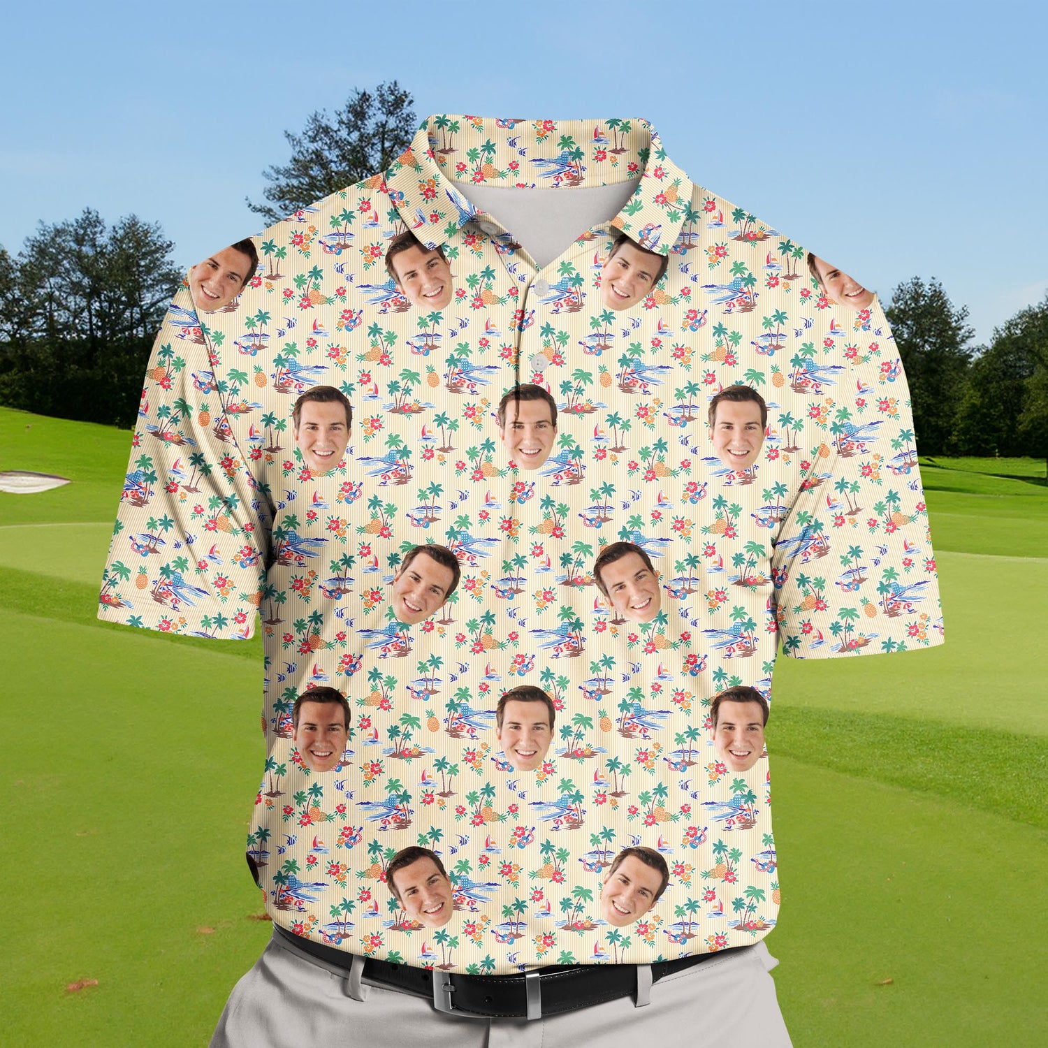 Personalized funny golf shirts with faces on them for team outings.