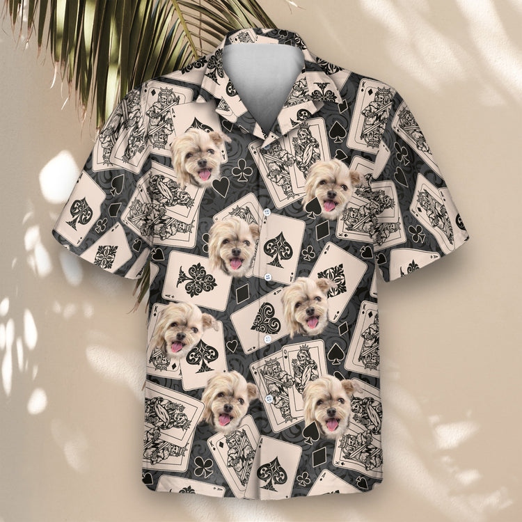 Custom Hawaiian shirts with faces on them, showcasing poker cards and casino symbols, ideal for anyone wanting a retro, eye-catching style at any event.