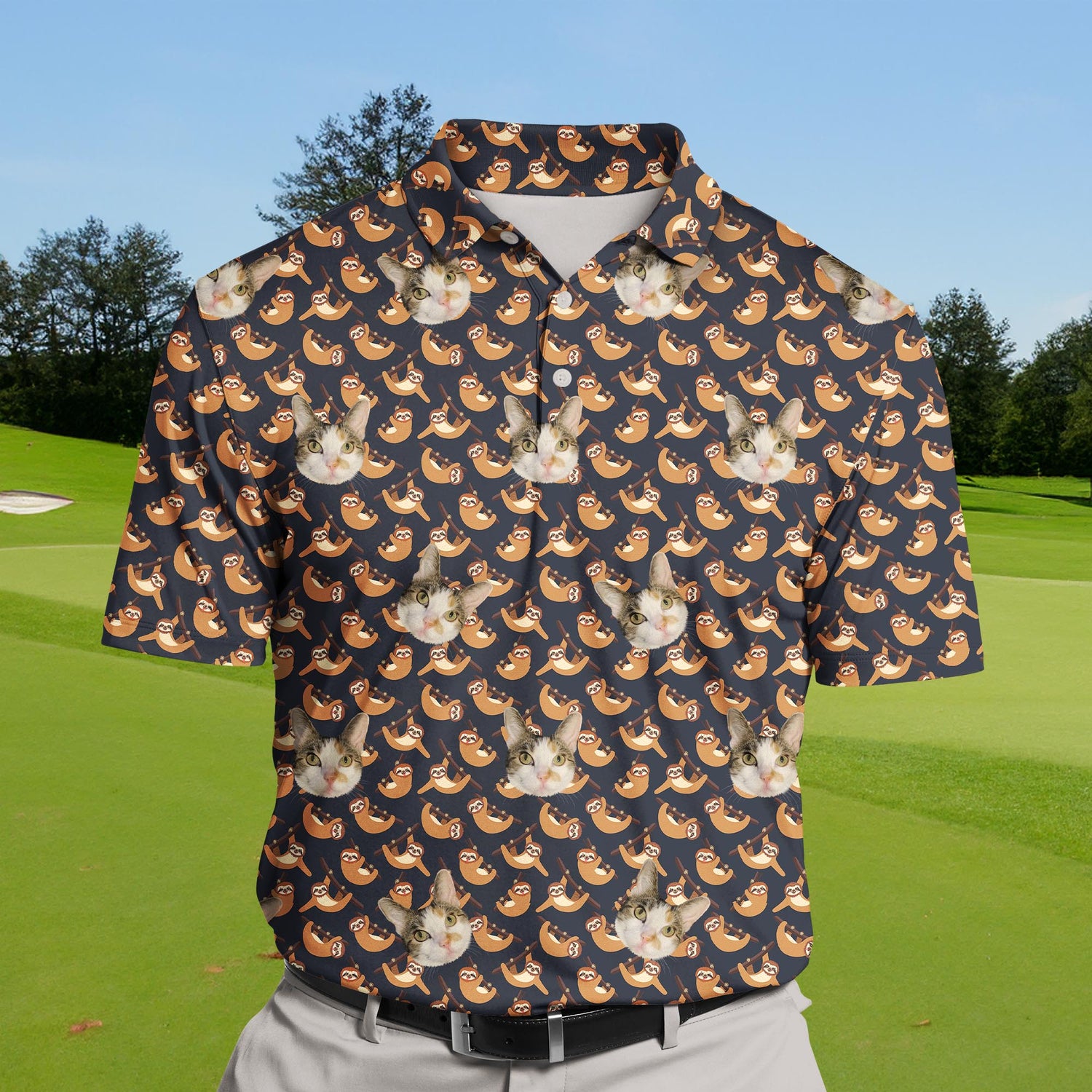 Customizable funny golf shirts with faces and tropical themes.