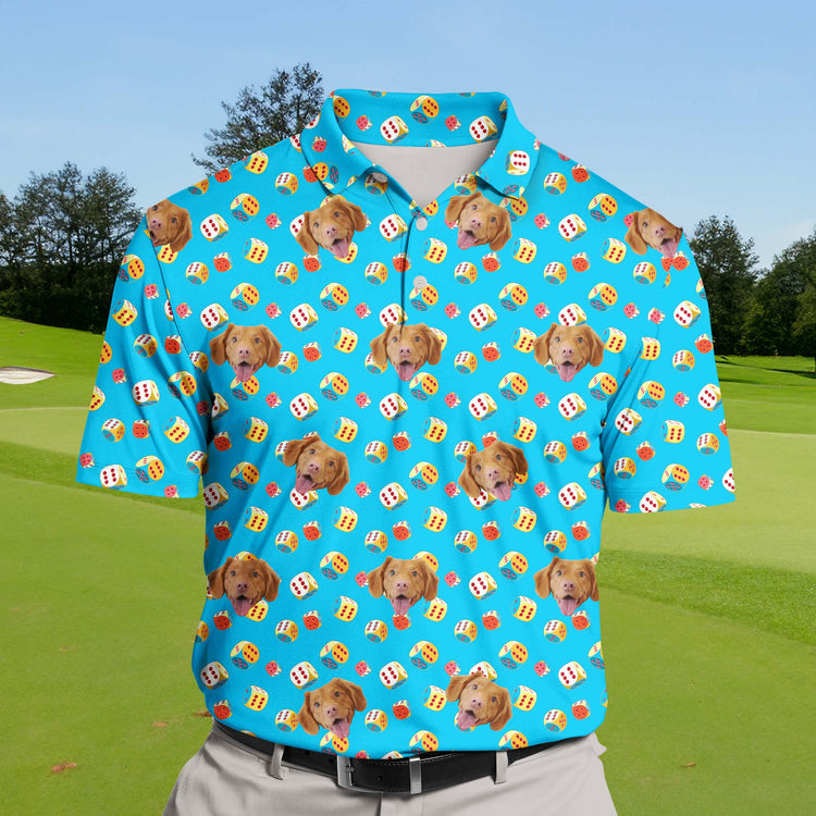 Custom funny golf shirts with faces on them, designed with lucky dice and available in big and tall sizes.