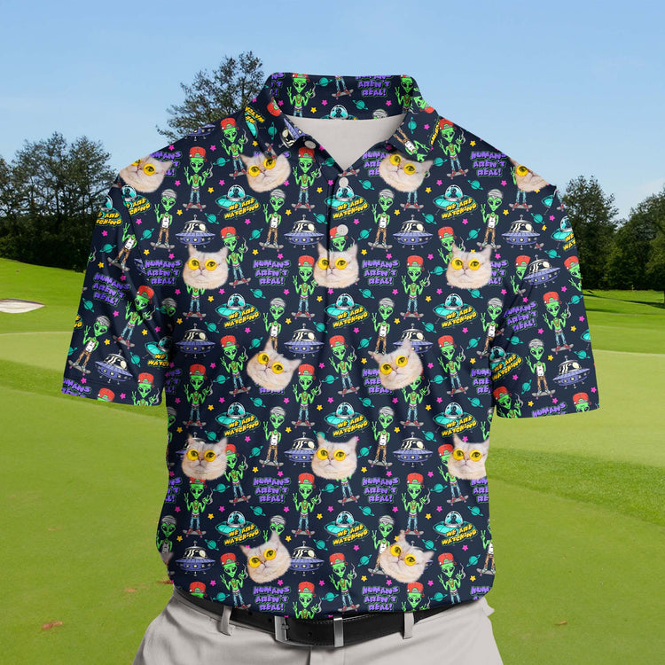 Breathable funny golf shirts with faces on them and martian logos.