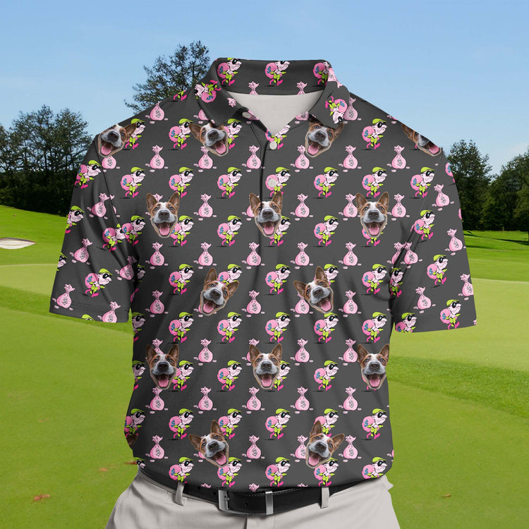 Funny golf shirts with faces on them, featuring a playful "Money Heist" theme with escaping thief and money logos.