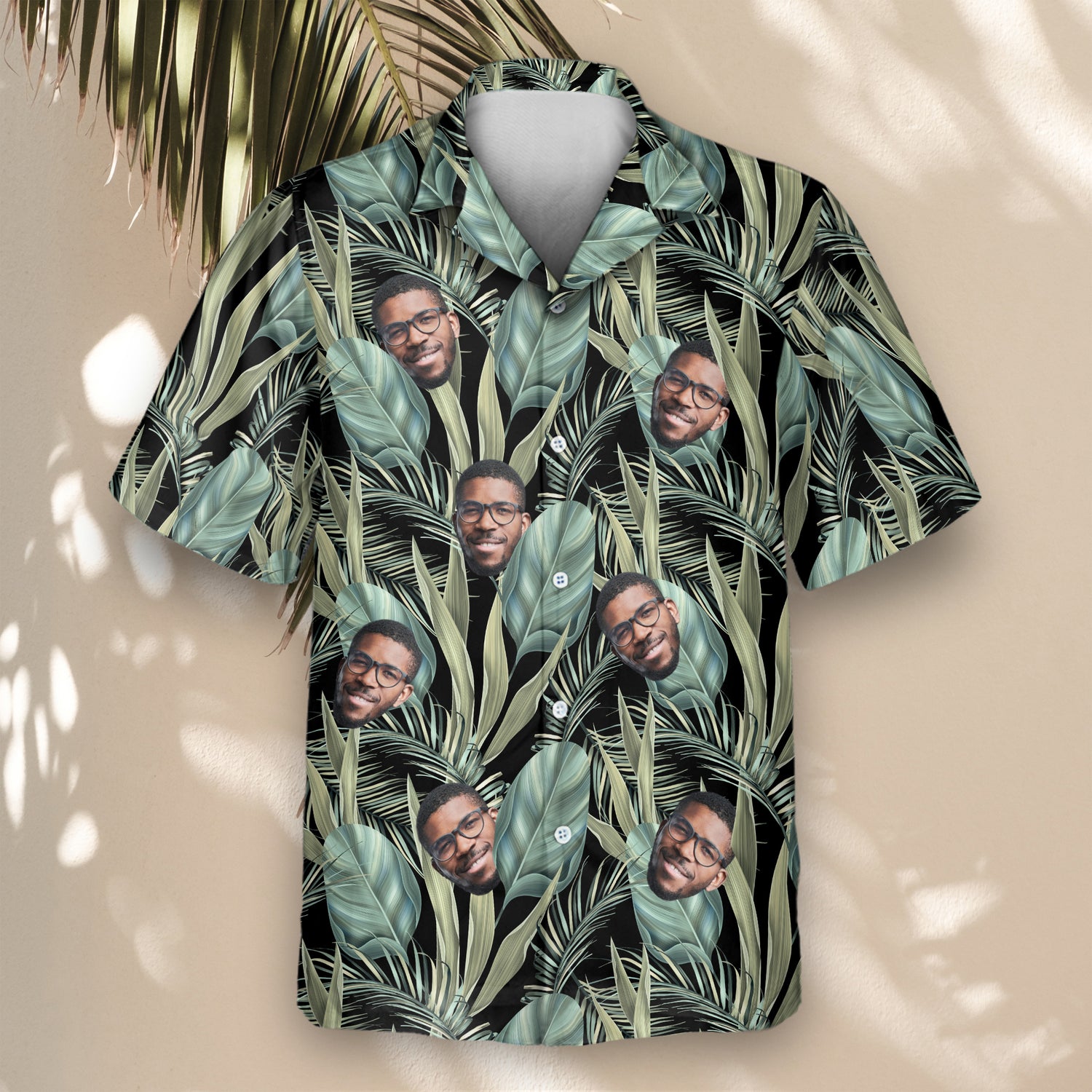 Stand out in Palm Grove Custom Hawaiian Shirts with Faces or Logos, featuring hand-drawn palm leaves and tropical foliage for a bold design.