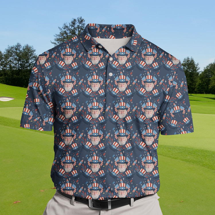 Custom golf shirts with USA logos and funny faces, ideal for sunny golf days.