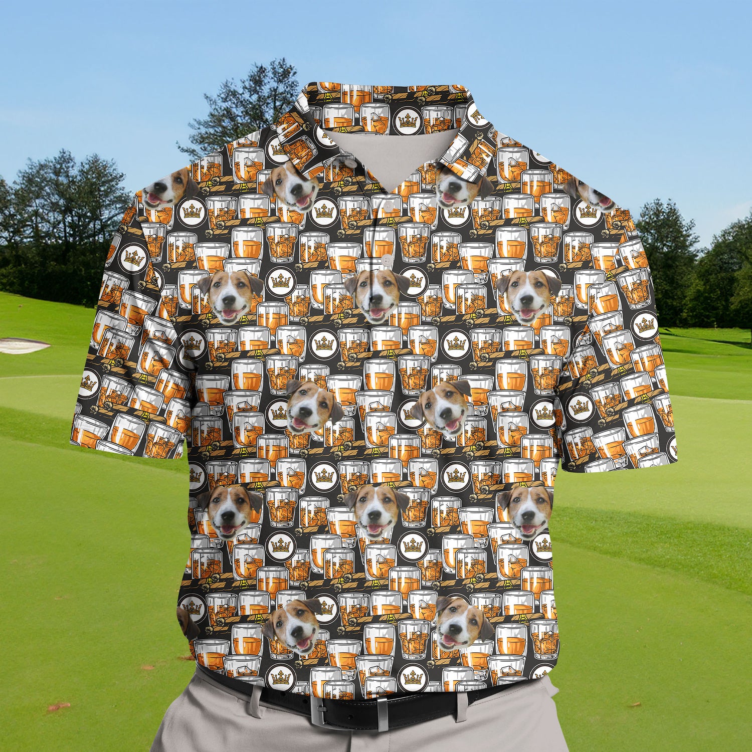 Team golf polos with vibrant drink graphics, including whiskey and cocktails.