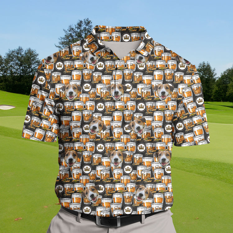 Team golf polos with vibrant drink graphics, including whiskey and cocktails.